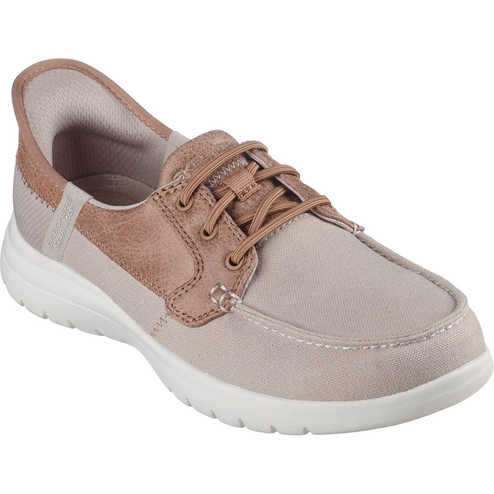 Skechers On-the-GO Flex Palmilla Zapatos Náuticos De Lona/Piel Sintética Para Mujer En Color Topo.
